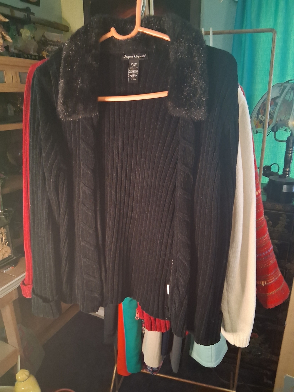 Designers Originals Black Ribbed Knit Cardigan with Faux-Fur Collar